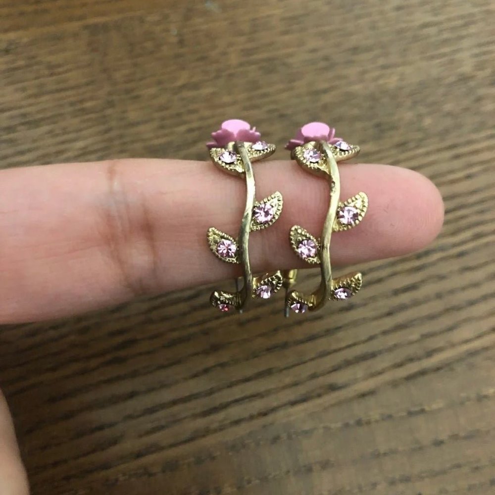 Gold Plated crystal rose Hoop Earrings NWOT